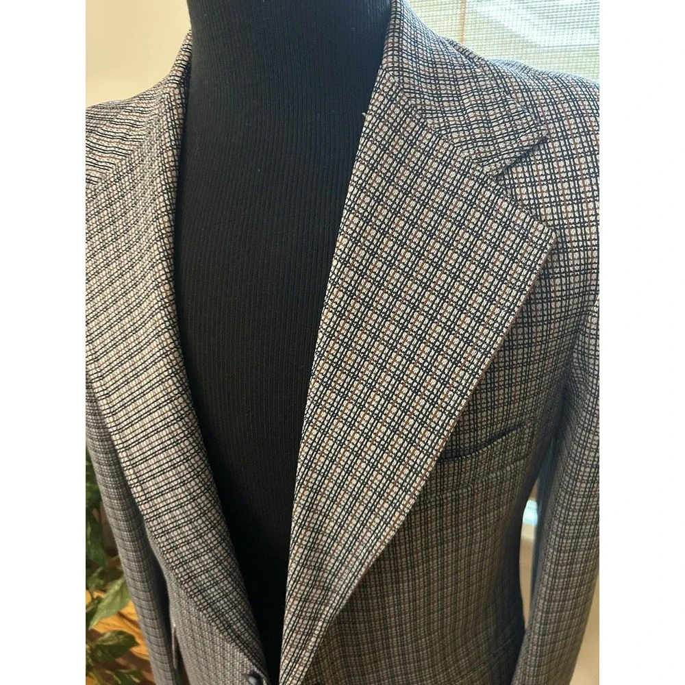 Vtg 70s Blue Gray Maroon Plaid Double Knit Golf Sport Coat Jacket Blazer 40 L